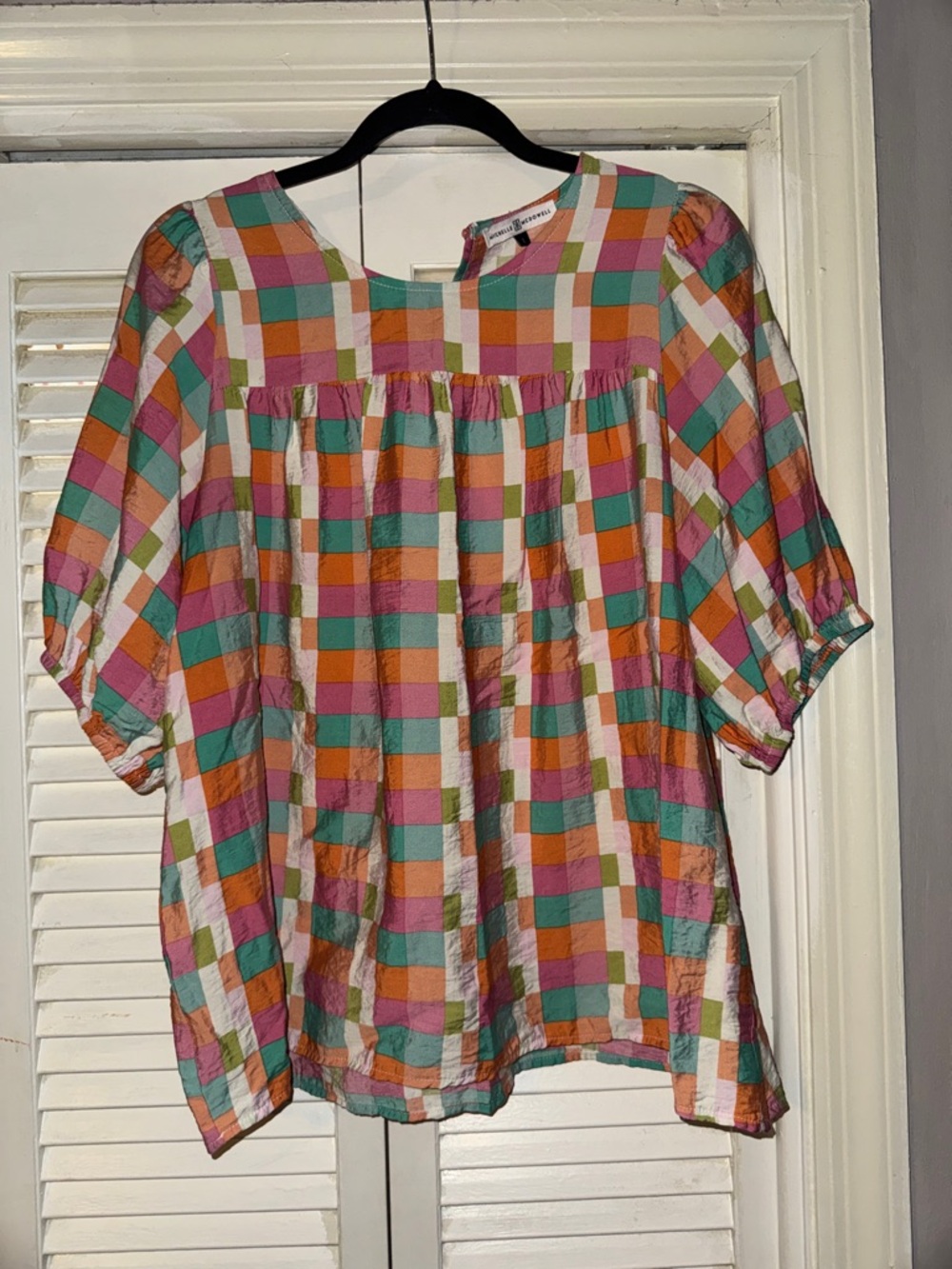 Checked Puff-Sleeve Blouse in Pink, Orange & Teal - Women